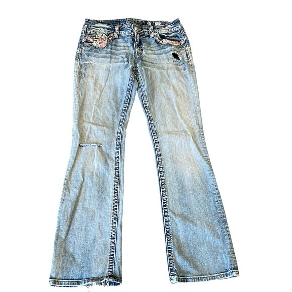 Miss Me Signature Bootcut Jeans Distressed Patchwork-Plaid Pocket Sz 32 #178H - Picture 1 of 14
